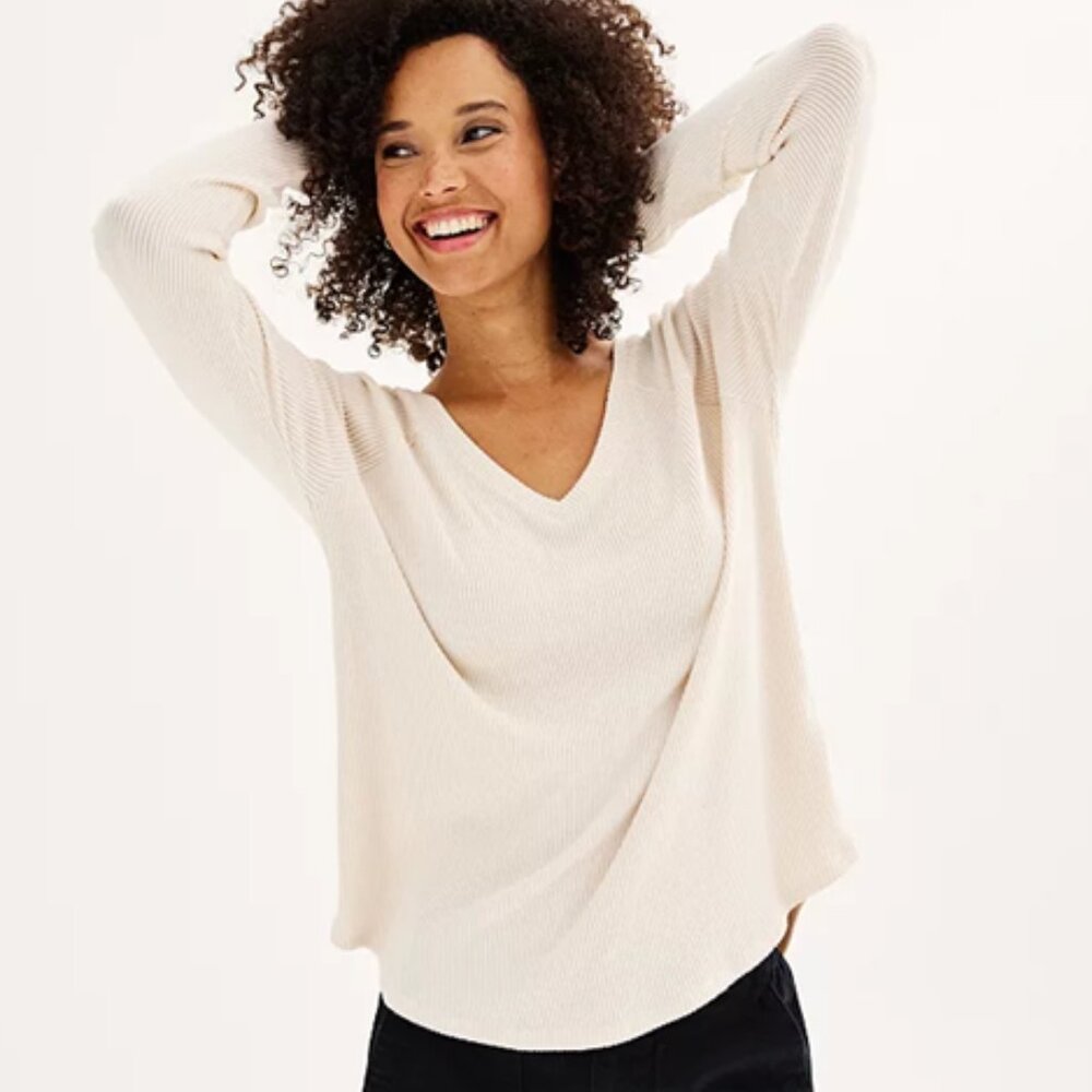 Sonoma Super Soft Ribbed Top V-Neck Long Sleeve Ivory Size Large Petite LP NEW